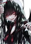  1girl 33_gaff absurdres bangs black_hair blood blue_archive glowing glowing_eyes highres long_hair looking_at_viewer parted_lips red_eyes sanpaku sharp_teeth simple_background smile solo swept_bangs teeth tsurugi_(blue_archive) upper_body white_background 