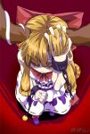 1girl bangs blonde_hair blunt_bangs bow brown_horns chain clenched_hand cuffs footwear_bow from_above full_body hair_bow hand_in_own_hair hand_on_own_head highres horns ibuki_suika long_hair orb purple_footwear purple_skirt pyramid_(structure) red_background red_bow ribbon-trimmed_skirt ribbon_trim shirt shishi_wan shoes signature skirt sleeveless sleeveless_shirt solo standing touhou very_long_hair white_shirt yellow_eyes 