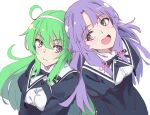  2girls :d a.k.a.zkin ahoge assault_lily bangs banshouya_ena black_ribbon black_skirt blush breasts closed_mouth commentary_request cropped_jacket green_eyes green_hair hair_between_eyes hair_ribbon hairband heads_together high-waist_skirt highres juliet_sleeves long_hair long_sleeves looking_at_another looking_at_viewer looking_to_the_side medium_breasts multiple_girls neck_ribbon open_mouth pink_ribbon puffy_sleeves purple_hair ribbon school_uniform shirt side-by-side sidelocks sideways_glance simple_background skirt smile standing tanaka_ichi tress_ribbon upper_body v-shaped_eyebrows v_arms very_long_hair violet_eyes wavy_mouth white_background white_hairband white_shirt yurigaoka_girls_academy_school_uniform 