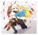  2girls :o bangs black_pants blonde_hair blurry blurry_background blush braid breasts brown_gloves brown_pants carrying eye_symbol facial_mark fingerless_gloves forehead_mark gloves green_eyes hair_ornament hairclip highres holding hyrule_warriors:_age_of_calamity impa large_breasts long_hair multiple_girls one_knee open_mouth pants pointy_ears princess_carry princess_zelda red_eyes sheikah shorts teeth the_legend_of_zelda the_legend_of_zelda:_breath_of_the_wild ttanuu. upper_teeth_only white_hair 