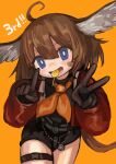  absurdres aciddrop_(arknights) ahoge animal_ears arknights bandaid bandaid_on_cheek bandaid_on_face bangs bird_ears black_gloves black_shirt black_shorts blue_eyes brown_hair buchi0122 candy finger_counting food food_in_mouth gloves hair_between_eyes hands_up head_tilt highres jacket lollipop long_hair long_sleeves looking_at_viewer neckerchief open_mouth orange_background orange_neckerchief puffy_long_sleeves puffy_sleeves red_jacket shirt short_shorts shorts simple_background sleeves_past_wrists very_long_hair 