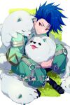  1boy animal blue_hair border character_name commentary_request cu_chulainn_(fate) dog echo_(circa) fate/grand_order fate/grand_order_arcade fate_(series) grass grin male_focus outside_border puppy red_eyes setanta_(fate) sitting smile spiky_hair tongue tongue_out twitter_username white_border white_dog 