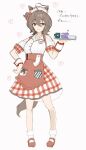  1girl agnes_tachyon_(umamusume) ahoge animal_ears apron bobby_socks breasts brown_hair closed_mouth clothing_cutout collared_shirt cosplay cup doughnut food full_body hand_on_hip heart holding holding_tray horse_ears horse_girl horse_tail ines_fujin_(melty_gift)_(umamusume) ines_fujin_(umamusume) ines_fujin_(umamusume)_(cosplay) maid_headdress maitake_umai plaid plaid_skirt red_apron red_eyes red_footwear red_skirt shirt shoes short_hair shoulder_cutout skirt small_breasts smile socks solo tail tray umamusume waist_apron white_shirt white_socks wrist_cuffs 