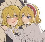  2girls alice_margatroid bangs black_dress black_headwear blonde_hair blue_eyes blush bow braid capelet closed_mouth commentary_request dress frills grey_bow grey_capelet grey_shirt hair_between_eyes hair_bow hairband hand_on_another&#039;s_shoulder hand_up hat hat_bow jingai_(k1bun) kirisame_marisa long_hair long_sleeves looking_at_another multiple_girls open_mouth puffy_short_sleeves puffy_sleeves red_hairband shirt short_hair short_sleeves simple_background single_braid touhou turtleneck upper_body v-shaped_eyebrows white_background white_bow white_shirt witch_hat yellow_eyes yuri 