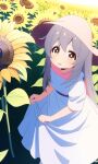  1girl absurdres ai-generated bmgd dress flower hat highres long_hair onii-chan_wa_oshimai! open_mouth outdoors oyama_mahiro solo sunflower 