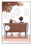  2girls back bag bench black_hair brown_hair dark-skinned_female dark_skin headpat highres multiple_girls original school_bag short_hair sitting translated tree zurikishi 