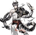 1boy arknights armor bare_shoulders belt black_hair chain chong_yue_(arknights) closed_mouth dragon_boy dragon_horns dragon_tail expressionless gradient_skin highres horns looking_at_viewer male_focus muscular muscular_male pants pauldrons red_belt red_eyes remsrar shirt shoulder_armor simple_background single_pauldron sleeveless sleeveless_shirt solo tail tassel white_background white_pants white_shirt 