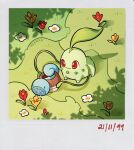  bangs chikorita dated duplicate flower from_above grass holding holding_watering_can no_humans orange_flower pokemon pokemon_(creature) red_eyes red_flower smile standing teletelo water watering_can white_flower 