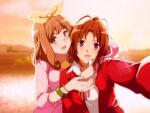  2girls :d bow bracelet brown_hair collared_shirt commentary evening hair_bow hair_ribbon hibike!_euphonium hug jacket jewelry looking_at_viewer multiple_girls nakagawa_natsuki open_clothes open_jacket open_mouth outdoors outstretched_arm pink_bow pink_sweater red_jacket ribbon sbel02 shirt smile sweater symbol-only_commentary upper_body violet_eyes white_shirt yellow_ribbon yoshikawa_yuuko 