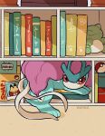  artist_name book bookshelf fitting from_side highres looking_at_viewer looking_to_the_side photo_(object) pikachu poke_ball pokemon pokemon_(creature) red_eyes suicune teletelo 
