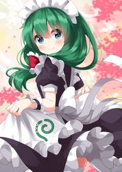  1girl alternate_costume apron back back_bow black_dress blue_eyes blush bow closed_mouth dress enmaided frills from_behind gradient_background green_background green_hair hair_bow hands_up highres kagiyama_hina long_hair looking_away looking_back maid maid_headdress multicolored_background one-hour_drawing_challenge orange_background petals pink_background puffy_short_sleeves puffy_sleeves red_bow ruu_(tksymkw) short_sleeves smile solo standing touhou white_apron white_bow wrist_cuffs yellow_background 