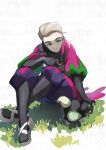  1boy atticus_(pokemon) black_gloves blue_eyes commentary_request crossed_legs eyelashes fingerless_gloves gloves grass green_nails male_focus on_grass petting pokemon pokemon_(creature) pokemon_(game) pokemon_sv short_hair shroodle sitting smile team_star white_footwear white_hair yamanashi_taiki 