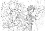  1girl 3boys ;p bakugou_katsuki boku_no_hero_academia bubble_tea child english_text female_child greyscale hair_between_eyes hair_ornament hat highres horikoshi_kouhei looking_at_another looking_at_viewer male_child midoriya_izuku monochrome multiple_boys one_eye_closed shimano_katsuma shimano_mahoro short_hair simple_background sketch tongue tongue_out white_background 