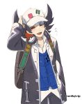  1boy :d backpack bag baseball_cap black_hair blue_vest blush_stickers closed_eyes collared_shirt commentary_request giacomo_(pokemon) hat headphones jacket male_focus open_clothes open_jacket open_mouth pants pointy_hair pokemon pokemon_(game) pokemon_sv shirt simple_background smile solo team_star tongue vest white_background white_headwear white_shirt yamanashi_taiki 