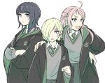  3girls ahoge annoyed asaka_karin bangs behind_another black_hair blonde_hair blue_eyes blunt_bangs closed_mouth crossed_arms earclip hand_on_another&#039;s_shoulder hand_on_hip harry_potter_(series) highres hogwarts_school_uniform long_hair looking_at_viewer looking_to_the_side love_live! love_live!_nijigasaki_high_school_idol_club medium_hair mia_taylor mole mole_under_eye multiple_girls one_eye_closed open_mouth pink_hair school_uniform short_hair sidelocks sketch slytherin smile solllolll two_side_up violet_eyes white_background zhong_lanzhu 