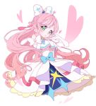  1girl 8041mm ahoge ascot bangs blue_bow bow braid cure_prism dress elbow_gloves glove_bow gloves green_eyes heart heart_ahoge hirogaru_sky!_precure long_hair magical_girl nijigaoka_mashiro pink_hair precure solo swept_bangs white_ascot white_bow white_dress white_gloves 