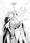  1girl absurdres apocalipsejack artist_name book cape closed_mouth clouds diadem fire frederica_aesfrost from_below gloves greyscale highres holding holding_book long_hair looking_ahead monochrome outdoors sky solo standing statue triangle_strategy witch 