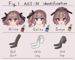  3girls :d :o ags-30_(girls&#039;_frontline) bangs black-framed_eyewear black_socks black_thighhighs blue_eyes blunt_bangs brown_hair character_name closed_mouth commentary_request english_text girls_frontline glasses hair_between_eyes hair_ornament head_only highres id_card llpfmfc looking_at_viewer medium_hair multiple_girls open_mouth ponytail red-framed_eyewear red_eyes short_hair side_ponytail simple_background smile socks thigh-highs white_thighhighs 