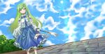  1girl alternate_eye_color bangs blue_skirt blue_sky blush breasts brick_floor bush closed_mouth clouds collared_shirt commentary_request day detached_sleeves dutch_angle feet_out_of_frame frilled_skirt frills frog_hair_ornament gohei green_hair hair_ornament highres holding kochiya_sanae long_hair long_skirt looking_at_viewer medium_breasts outdoors shirt single_hair_tube skirt sky sleeveless sleeveless_shirt smile snake_hair_ornament solo sun terumaeromae touhou white_shirt white_sleeves yellow_eyes 