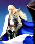  1boy armor berserk blue_eyes cape closed_mouth full_armor gauntlets greaves lips long_hair looking_at_viewer male_focus nisino2222 shoulder_armor solo wavy_hair white_cape white_hair wings 