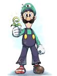  1boy blue_overalls facial_hair gloves green_headwear green_shirt hat highres holding holding_plant looking_at_viewer luigi mario_&amp;_luigi_rpg mario_&amp;_luigi_rpg_(style) mustache overalls plant shirt shoes simple_background single_shoe socks solo striped striped_socks super_mario_bros. white_background white_gloves ya_mari_6363 