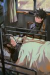  1boy 1girl absurdres artist_name bandaged_head bandages bed black_hair black_jacket blanket blurry blurry_foreground character_request closed_eyes curtains fushiguro_megumi highres hospital hospital_bed iv_stand jacket jujutsu_kaisen jujutsu_tech_uniform kyuuba_melo looking_at_another lying on_back pillow sidelocks sitting spiky_hair window 