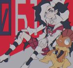  1boy belt bike_shorts black_hair boots closed_mouth collarbone commentary_request cropped_jacket eyeshadow green_eyes grey_eyeshadow hands_on_own_knees highres jacket long_hair looking_down makeup male_focus multicolored_hair piers_(pokemon) pokemon pokemon_(creature) pokemon_(game) pokemon_swsh red_background saku_anna scrafty shirt sitting two-tone_hair white_hair white_jacket 
