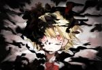  1girl absurdres bangs black_vest blonde_hair collared_shirt darkness hair_between_eyes hair_ribbon henginnnnnn highres looking_at_viewer open_mouth portrait red_eyes red_ribbon ribbon rumia shirt short_hair solo straight-on touhou vest white_shirt 