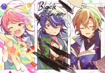  3boys amemura_ramuda androgynous arisugawa_dice blue_eyes book brown_hair closed_eyes fling_posse hakuuyori highres holding holding_book hypnosis_mic long_hair looking_at_viewer male_focus multiple_boys one_eye_closed open_book pink_hair purple_hair short_hair violet_eyes white_background yumeno_gentarou 