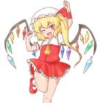  1girl ;d ascot bangs blonde_hair clenched_hands commentary_request crystal fang flandre_scarlet hat hat_ribbon leg_up looking_at_viewer mizusoba mob_cap one_eye_closed one_side_up open_mouth red_eyes red_footwear red_ribbon red_skirt red_vest ribbon shirt short_sleeves simple_background single_wrist_cuff skin_fang skirt smile socks solo touhou vest white_background white_headwear white_shirt white_socks wings wrist_cuffs yellow_ascot 