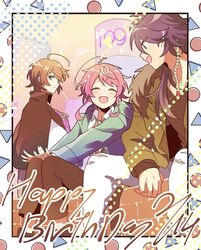  3boys ahoge amemura_ramuda androgynous arisugawa_dice brown_hair closed_eyes facing_another fling_posse green_eyes hakuuyori happy_birthday highres hypnosis_mic looking_at_another male_focus multiple_boys open_mouth pink_hair purple_hair smile violet_eyes yumeno_gentarou 