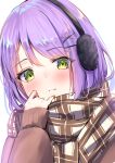  1girl absurdres bangs brown_scarf brown_sweater closed_mouth earmuffs green_eyes hair_ornament hairclip highres hololive kon_(07263545) long_sleeves looking_at_viewer plaid plaid_scarf purple_hair scarf simple_background solo sweater tokoyami_towa upper_body virtual_youtuber white_background x_hair_ornament 