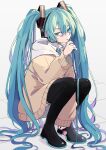  1girl absurdly_long_hair absurdres aqua_hair aqua_nails aqua_necktie bangs black_footwear boots candy collared_shirt colored_inner_hair commentary_request food food_in_mouth full_body green_eyes hair_between_eyes hand_up hatsune_miku headphones highres holding holding_candy holding_food holding_lollipop jacket lollipop long_bangs long_hair long_sleeves looking_at_viewer multicolored_hair naguno-0713 necktie purple_hair shirt simple_background sleeves_past_wrists solo squatting thigh_boots twintails two-tone_hair very_long_hair vocaloid white_background white_shirt yellow_jacket 
