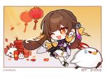 1girl :d bangs bird brown_hair chibi chinese_clothes chinese_new_year eyebrows_hidden_by_hair fireworks honkai:_star_rail honkai_(series) looking_away official_art one_eye_closed orange_eyes running simple_background smile sushang_(honkai:_star_rail)