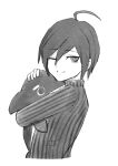  1boy ahoge bangs cropped_torso danganronpa_(series) danganronpa_v3:_killing_harmony doll_hug from_side greyscale hair_between_eyes jacket long_sleeves looking_at_viewer male_focus monochrome object_hug pout saihara_shuuichi short_hair sizeaton smile solo striped striped_jacket stuffed_orca 