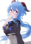  1girl :o ahoge bangs black_bow black_shirt blue_hair bow breasts frilled_shirt frilled_sleeves frills from_side ganyu_(china_merchants_bank)_(genshin_impact) ganyu_(genshin_impact) genshin_impact glasses high-waist_skirt highres horns long_hair long_sleeves looking_at_viewer medium_breasts official_alternate_costume parted_lips pluie_nono red-framed_eyewear semi-rimless_eyewear shirt shirt_tucked_in sidelocks skirt solo turtleneck upper_body violet_eyes white_skirt 