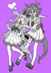  2girls @_@ agnes_digital_(umamusume) agnes_tachyon_(umamusume) ahoge animal_ears bangs blush bow bowtie full_body grabbing grabbing_from_behind greyscale hair_between_eyes hair_bow half-closed_eyes hand_on_another&#039;s_shoulder heart highres holding holding_test_tube horse_ears horse_girl horse_tail light_blush long_bangs long_hair looking_at_another mary_janes monochrome multiple_girls open_mouth pink_background pleated_skirt puffy_short_sleeves puffy_sleeves school_uniform screaming serafuku shoes short_hair short_sleeves skirt smile spot_color sweat swept_bangs tail tearing_up test_tube thigh-highs tracen_school_uniform two_side_up umamusume waist_bow wide-eyed yokuko_zaza 