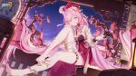 1girl barefoot chinese_clothes duplicate elysia_(herrscher_of_human:ego)_(honkai_impact) elysia_(honkai_impact) highres honkai_(series) honkai_impact_3rd legs long_hair looking_at_viewer night official_alternate_costume official_art official_wallpaper open_mouth pink_eyes pink_hair smile thighs vase