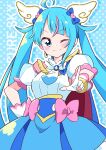  1girl absurdres ahoge blue_eyes blue_hair brooch cape commentary cure_sky detached_sleeves earrings gloves hand_on_hip highres hirogaru_sky!_precure jewelry magical_girl one_eye_closed pota_(potacure1011) precure puffy_detached_sleeves puffy_sleeves single_earring single_sidelock smile solo sora_harewataru two-sided_cape two-sided_fabric white_gloves wing_brooch wing_hair_ornament 