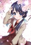  1girl absurdres bangs black_hair blue_eyes blush cherry_blossoms collarbone commentary from_above highres jacket kyaku_tatsu link!_like!_love_live! long_hair looking_at_another love_live! low_twintails mole mole_on_neck murano_sayaka school_uniform signature solo twintails upper_body 