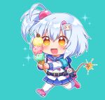  1girl :d armband bangs blue_background blue_sailor_collar blue_skirt bombergirl chibi drooling food grey_hair hair_between_eyes hair_ornament highres holding holding_food ice_cream ice_cream_cone kaoling lit_fuse loafers long_sleeves mouth_drool neckerchief one_side_up orange_eyes pink_footwear pink_neckerchief pleated_skirt running sailor_collar school_uniform serafuku shiro_(bombergirl) shirt shoes simple_background skirt smile solo thigh-highs triple_scoop white_shirt white_thighhighs 