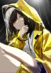  1girl bangs black_hair black_shorts blurry blurry_foreground boots brown_eyes closed_mouth depth_of_field feet_out_of_frame hair_over_one_eye hand_up highres hood hood_down hood_up hooded_jacket hoodie jacket long_sleeves mayogii original puffy_long_sleeves puffy_sleeves rain raincoat rubber_boots short_shorts shorts sleeves_past_wrists solo white_hoodie yellow_footwear yellow_jacket 