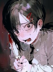  1girl absurdres bangs black_hair black_necktie blood blood_on_knife chainsaw_man collared_shirt hair_ornament hairclip higashiyama_kobeni highres holding holding_knife knife looking_at_viewer mole mole_under_eye mole_under_mouth multiple_moles necktie open_mouth scared shirt short_hair short_ponytail single_sidelock solo sweat swept_bangs tearing_up vihua6 white_shirt 