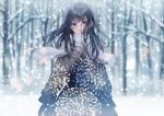  1girl absurdres arms_at_sides bangs black_hair blurry blurry_background brown_coat coat commentary_request fireworks hair_between_eyes highres long_hair looking_at_viewer original parted_lips sakura_(39ra) scarf scenery snow snowing solo standing tree violet_eyes white_scarf winter winter_clothes 