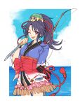  animal_on_head animal_print arm_behind_back blue_kimono dress fish_print fishing_rod frilled_dress frills hand_up holding holding_weapon japanese_clothes kimono obi_bow ocean on_head one_eye_closed open_mouth outdoors ponytail purple_hair sky smile star-shaped_eyewear string sword tenka_hyakken urashima_kotetsu_(tenka_hyakken) violet_eyes wakakichi wakizashi weapon zunzun 