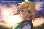  1girl bangs blue_eyes blush breasts closed_mouth commentary_request ear_blush earrings from_side genderswap genderswap_(mtf) green_shirt highres jewelry large_breasts link looking_at_viewer looking_to_the_side outdoors pointy_ears shirt sunlight the_legend_of_zelda the_legend_of_zelda:_breath_of_the_wild torn_clothes torn_shirt ttanuu. white_shirt 