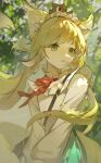  1girl :o absurdres animal_ear_fluff animal_ears arknights blonde_hair blurry blurry_background branch collared_shirt commentary_request creature_on_head floating_hair fox_ears fox_girl green_eyes hairband highres leaf long_hair looking_afar luoxiaohei neckerchief official_alternate_costume on_head open_mouth red_neckerchief shenheqing shirt suzuran_(arknights) suzuran_(spring_praise)_(arknights) the_legend_of_luo_xiaohei v_arms weibo_logo weibo_username white_hairband white_shirt 