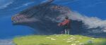  1boy armor black_hair cape clouds commentary_request dragon facing_away fantasy flower grass highres male_focus original red_cape short_hair sky solo standing taiyakiki-5687 western_dragon 