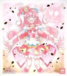 1girl apron brooch choker cone_hair_bun cure_precious delicious_party_precure earrings gloves hair_bun heart_brooch highres huge_bow jewelry kome-kome_(precure) long_hair magical_girl nagomi_yui official_art petals pink_choker pink_hair precure solo third-party_source two_side_up very_long_hair violet_eyes white_gloves 