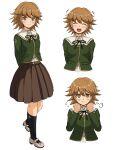  1boy :d absurdres arms_behind_back bangs black_ribbon black_socks blush brown_eyes brown_hair brown_skirt clenched_hands crossdressing danganronpa:_trigger_happy_havoc danganronpa_(series) frown fujisaki_chihiro green_jacket hands_up happy highres jacket kneehighs long_sleeves looking_at_viewer male_focus multiple_views neck_ribbon open_mouth otoko_no_ko pleated_skirt ranmaru_(jackpot_1123) ribbon school_uniform shoes short_hair skirt smile socks teeth transparent_background upper_teeth_only 